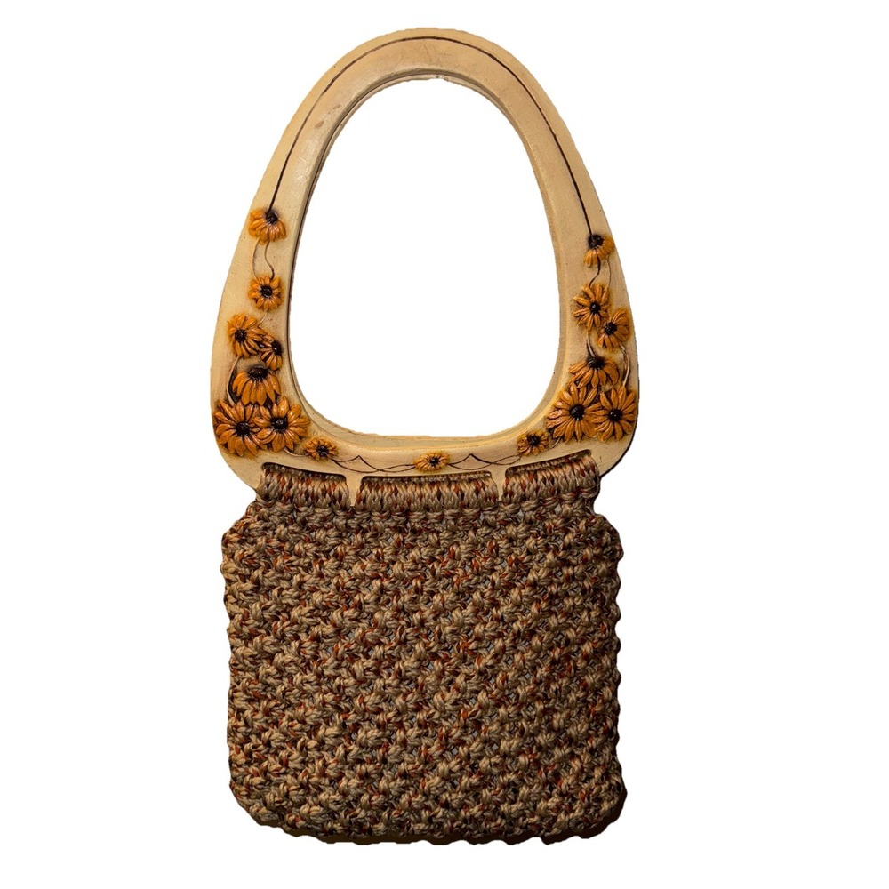 Vtg Handmade Macrame Wood Handle Carved Sunflowers Purse Boho 70's Style - Picture 6 of 12